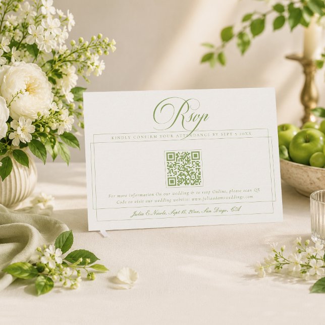 Cartão RSVP Casamento QR Code Caligrafia Marfim Verde Clássico (Criador carregado)
