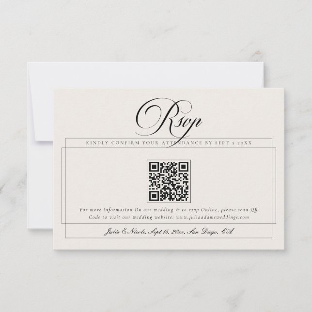 Cartão RSVP Casamento QR Code Calligraphy Marfim Preto Clássic (Frente)