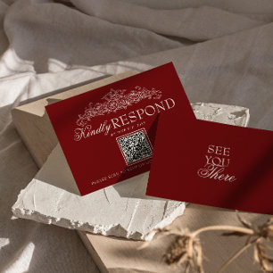 Cartão RSVP Casamento QR Code Dinheiro Antigo Borgonha Vintage