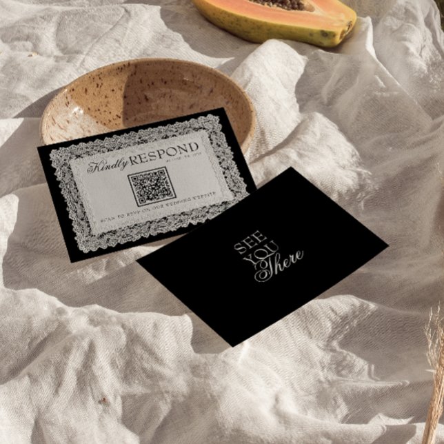 Cartão RSVP Casamento QR Code Dinheiro Antigo em Renda Preta e (Criador carregado)