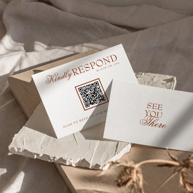 Cartão RSVP Casamento QR Code em Terracota Laranja Queimada Ch (Criador carregado)