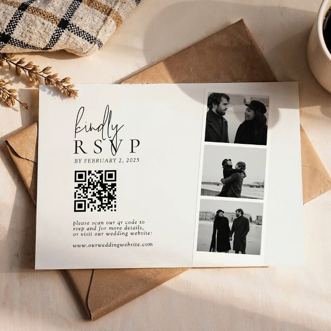 Cartão RSVP Casamento QR Code Faixa de Fotos Minimalista (Criador carregado)