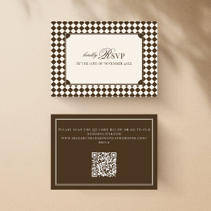 Cartão RSVP Casamento QR Code Xadrez Marrom Vintage Old Money