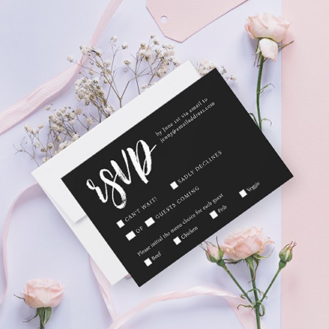 Cartão RSVP Casamento QR Moderno Negra na moda Elegante (Criador carregado)