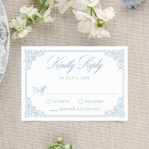 Cartão RSVP Casamento Quadro Antigo Azul Elegante