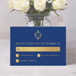 Cartão RSVP Casamento Real Blue Faux Gold Foil Crest Monograma