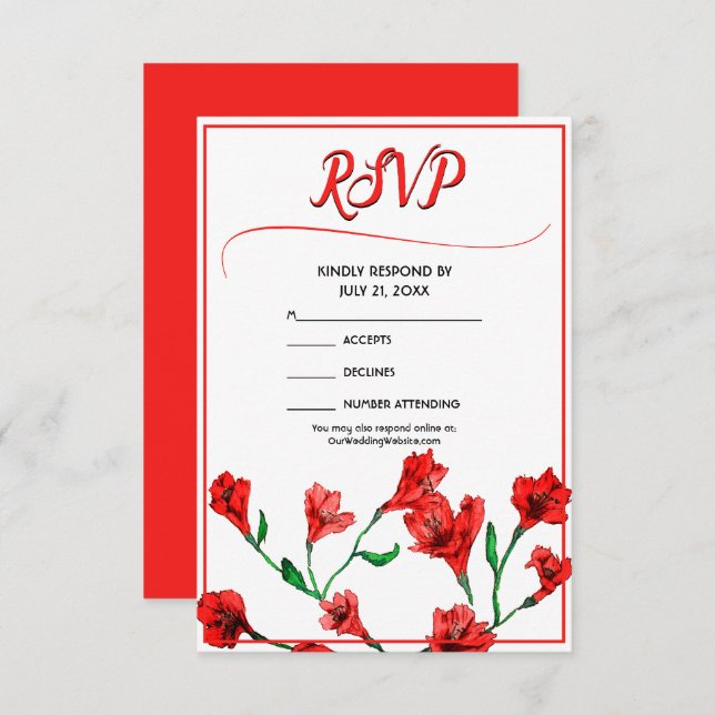Cartão RSVP Casamento Red Floral Watercolor (Frente/Verso)