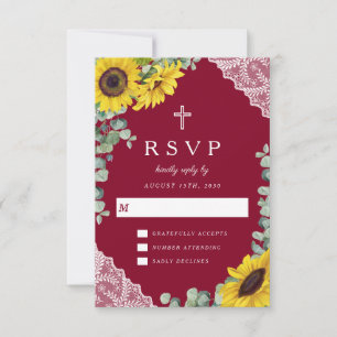 Cartão RSVP Casamento Religioso de Sunflower Burgundy Lace