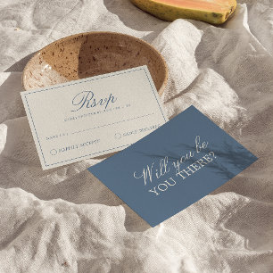 Cartão RSVP Casamento Retro Azul e Branco de Dinheiro Antigo c