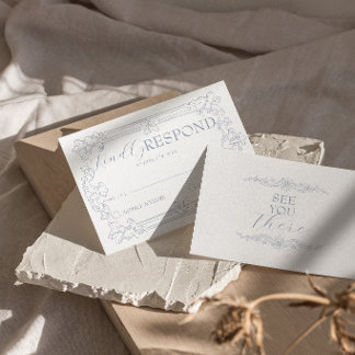 Cartão RSVP Casamento Retro Azul Poeirento Branco Dinheiro Ant