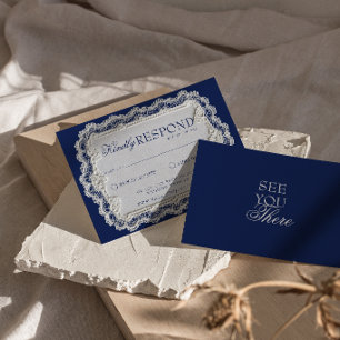 Cartão RSVP Casamento Retro Chique com Renda Azul-Navy Vintage