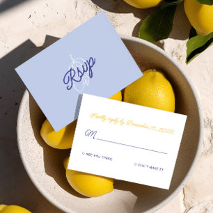 Cartão RSVP Casamento Retro Italiano Manuscrito Amarelo e Azul