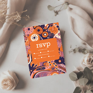 Cartão RSVP Casamento retrô laranja rosa blush roxo psicodélic