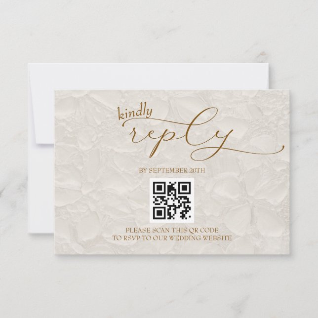 Cartão RSVP Casamento Retro Simples Bege QR (Frente)