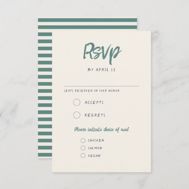 Cartão RSVP Casamento Retroativo Verde Azul de Manuscrito Quir (Frente/Verso)