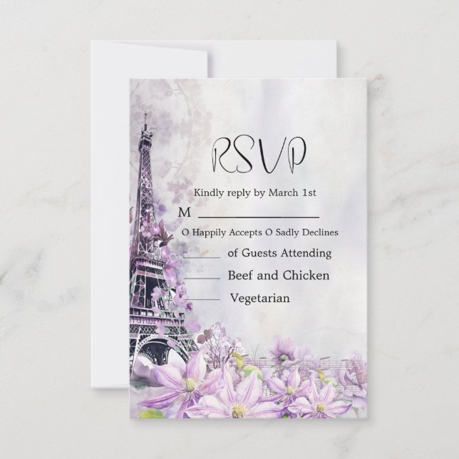 Cartão RSVP Casamento Romance de Lavanda da Torre Eiffel (Frente)