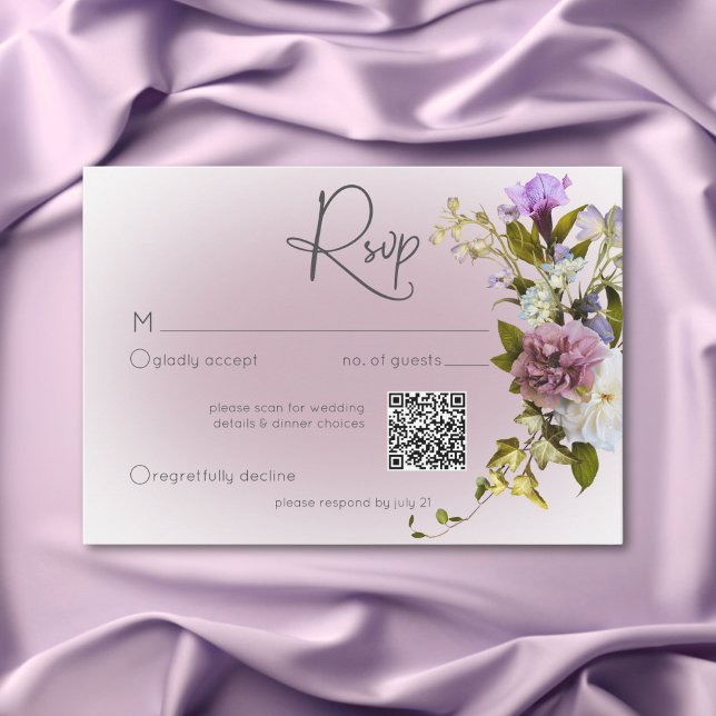 Cartão RSVP Casamento Romântico Branco e Púrpura Floral Modern (Romantic White & Pink Floral Modern Wedding QR RSVP Card)