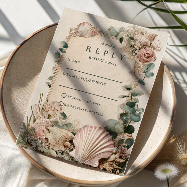Cartão RSVP Casamento Romântico com Concha Costeira Vintage (Criador carregado)