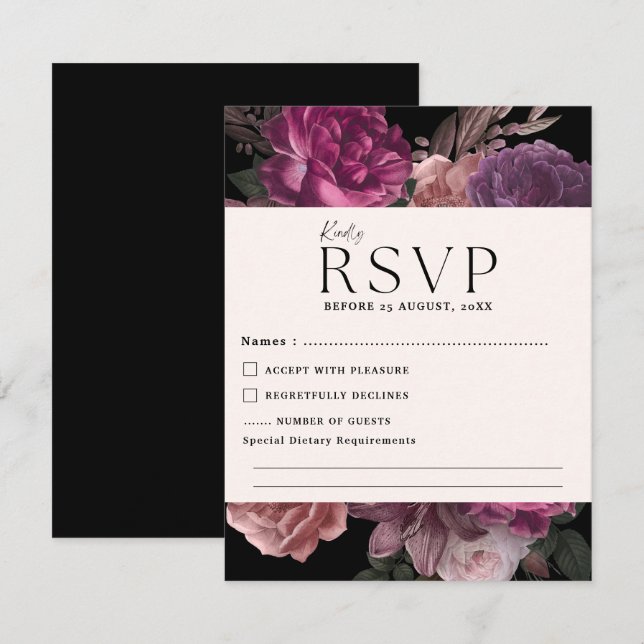 Cartão RSVP Casamento romântico com cor de água floral escura (Frente/Verso)