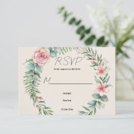 Cartão RSVP Casamento Romântico Com Flores Cor-de-Rosa e Veget
