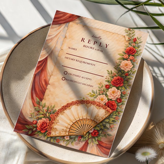 Cartão RSVP Casamento Romântico com Leque Espanhol (Criador carregado)