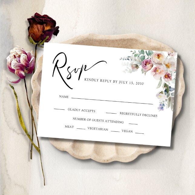 Cartão RSVP Casamento Romântico de Buquês Florais Eucalyptus (RSVPWeddingEnclosureReplyCard-RomanticFloralEucalyptus)
