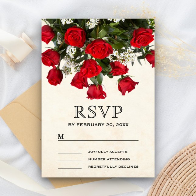Cartão RSVP Casamento Romântico de Buquês Rosas vermelhas (Criador carregado)