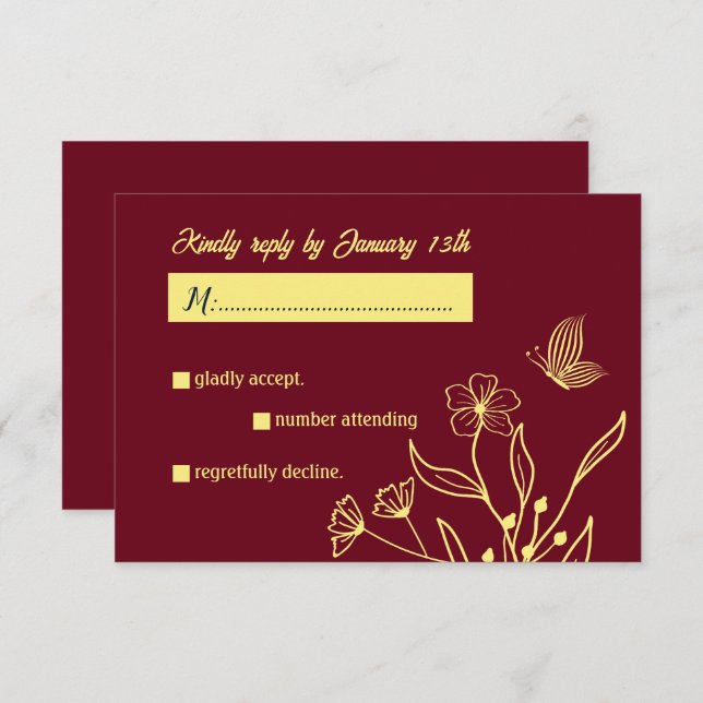 Cartão RSVP Casamento romântico de burgundy com flor de ouro e (Frente/Verso)