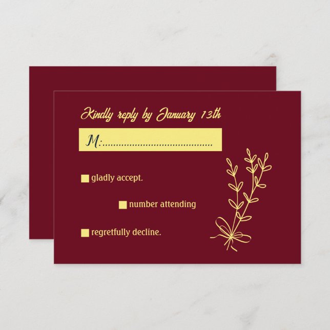 Cartão RSVP Casamento romântico de burgundy com flor de ouro e (Frente/Verso)