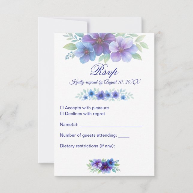 Cartão RSVP Casamento Romântico de Cor Azul Botânica Romântica (Frente)