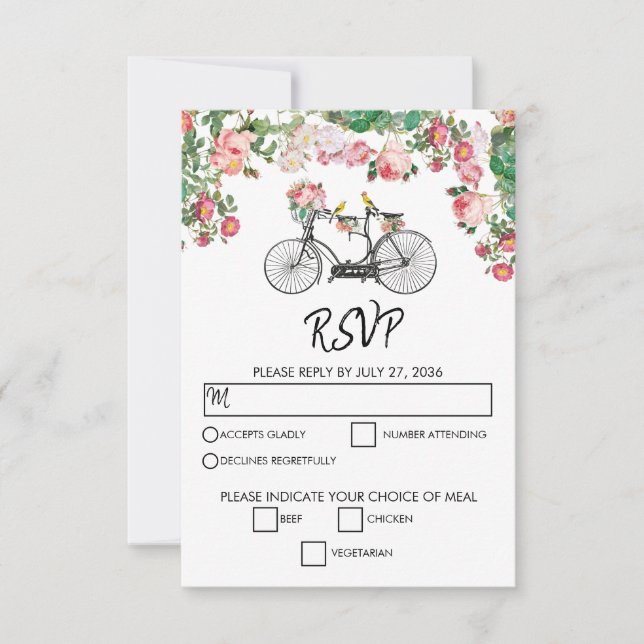 Cartão RSVP Casamento Romântico de Flores de Bicicletas e Aves (Frente)