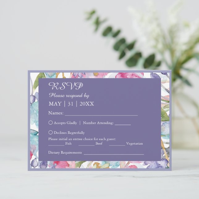 Cartão RSVP casamento romântico de flores silvestres (Em pé/Frente)