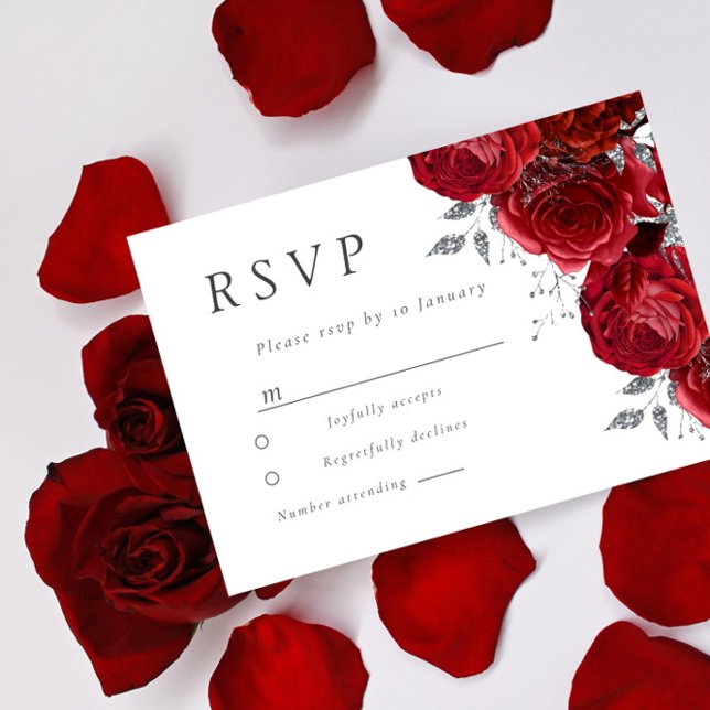Cartão RSVP Casamento Romântico de Folhas de Prata de Rosas ve (Criador carregado)
