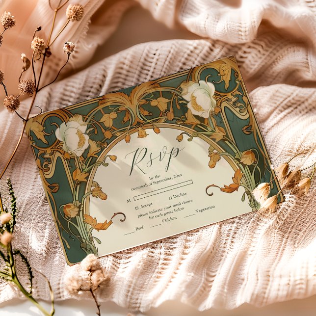 Cartão RSVP Casamento Romântico de Frame Ornamentado Verde (Criador carregado)