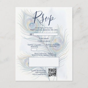 Cartão RSVP Casamento Romântico em Aquarela com Penas de Pavão