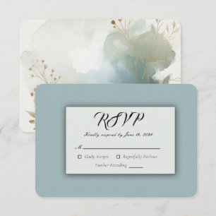 Cartão RSVP Casamento Romântico em Azul Dourado Suave e Empola