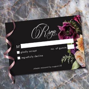 Cartão RSVP Casamento Romântico Floral Escuro Burgundy Preto M