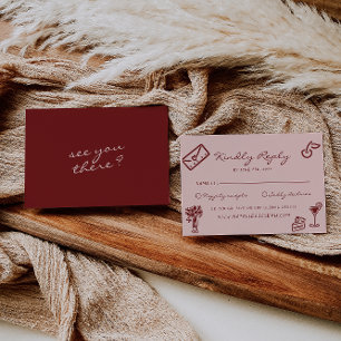 Cartão RSVP Casamento Romântico Rosa Borgonha Desenhado à Mão