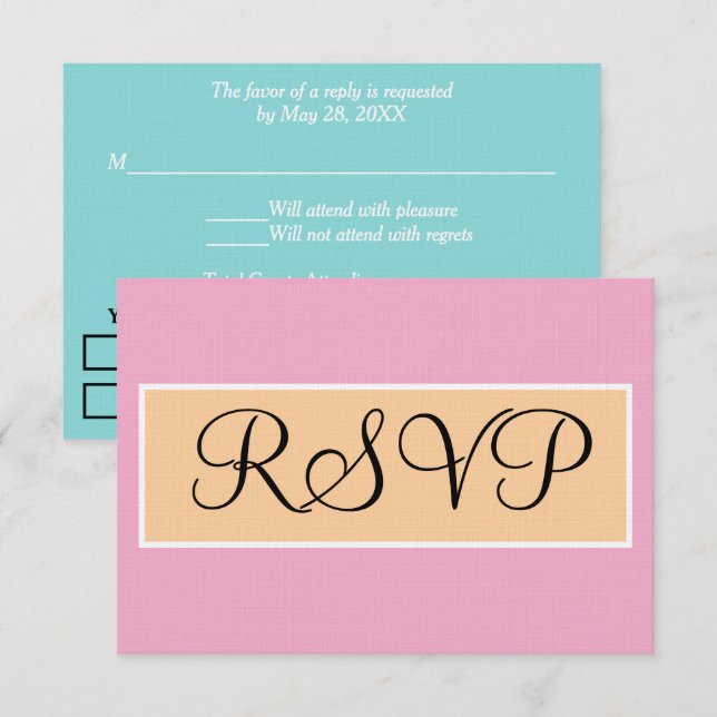 Cartão RSVP Casamento Rosa Areia da Praia Azul Espuma do Mar R (Frente/Verso)