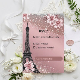 Cartão RSVP Casamento Rosa Bege Glitter Prata Parisiense Vinta
