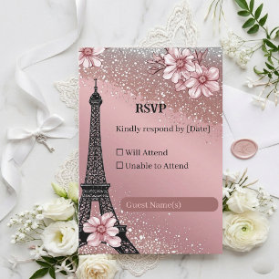 Cartão RSVP Casamento Rosa Bege Glitter Prata Parisiense Vinta