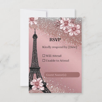 Cartão RSVP Casamento Rosa Bege Glitter Prata Parisiense Vinta