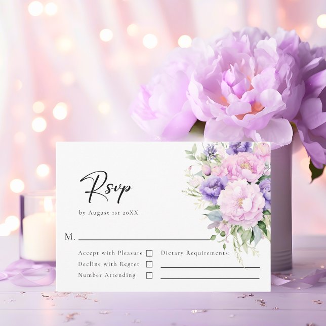 Cartão RSVP Casamento Rosa-Lavanda de Peony Flor Elegante (Elegant Flower Peony Lavender Pink Wedding RSVP Card)