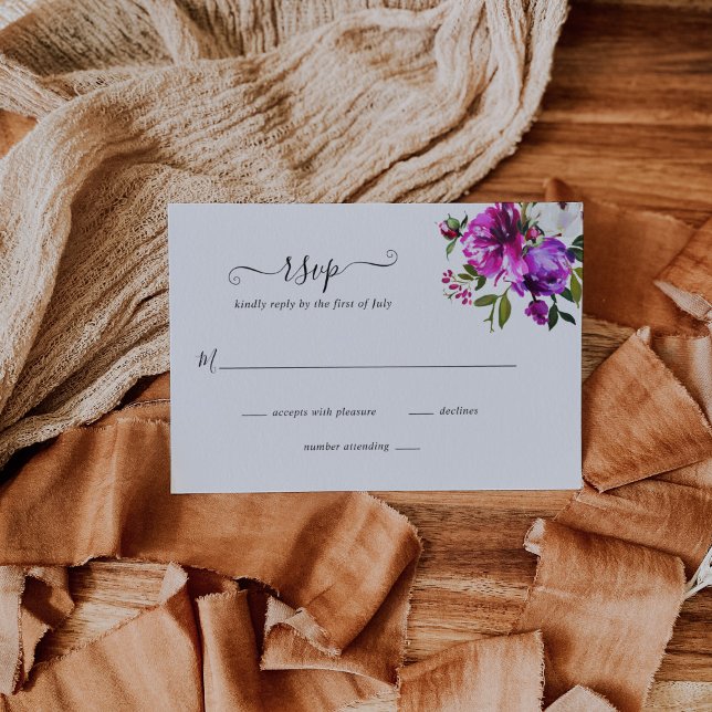 Cartão RSVP Casamento Roxo Brilhante Moderno, Vibrante Floral (Criador carregado)