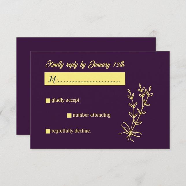 Cartão RSVP Casamento roxo de flor de ouro elegante romântico (Frente/Verso)