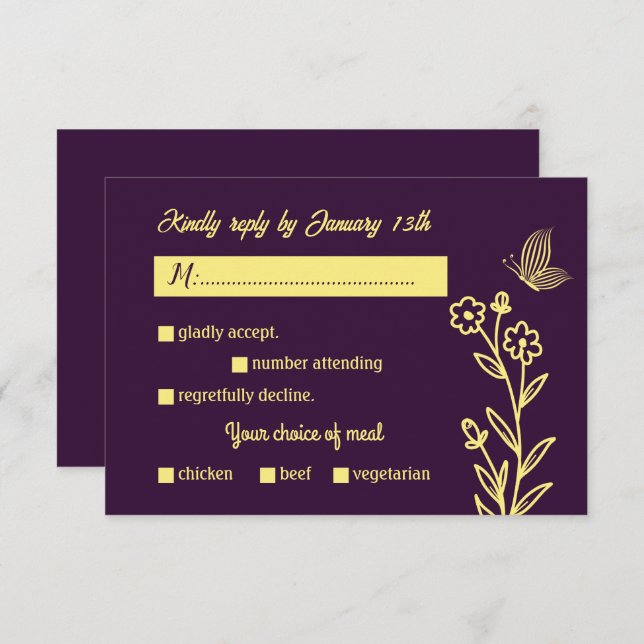Cartão RSVP Casamento roxo de flor de ouro elegante romântico (Frente/Verso)