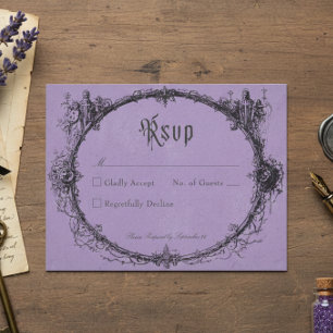 Cartão RSVP Casamento Roxo em Moldura Preta de Toile Gótica Vi