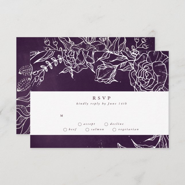 Cartão RSVP Casamento Roxo-Flor Romântico (Frente/Verso)