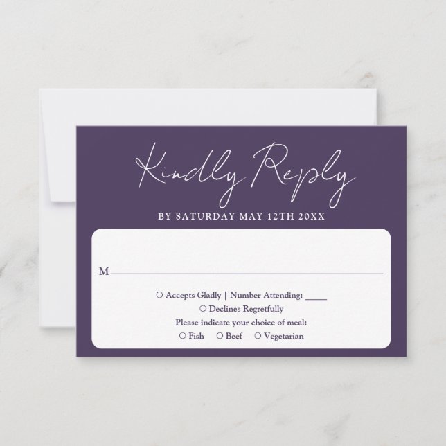 Cartão RSVP Casamento Roxo Mínimo Moderno de Script Elegante (Frente)