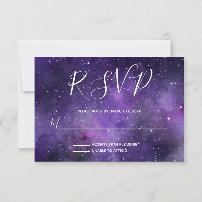 Cartão RSVP Casamento Roxo Noturno Sky Starlight (Frente)